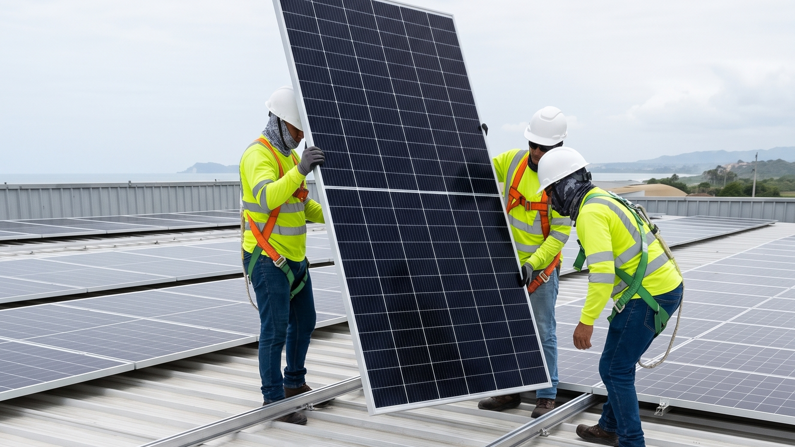 Equipo técnico instala módulos fotovoltaicos N-type en el techo de una planta industrial en Ecuador
